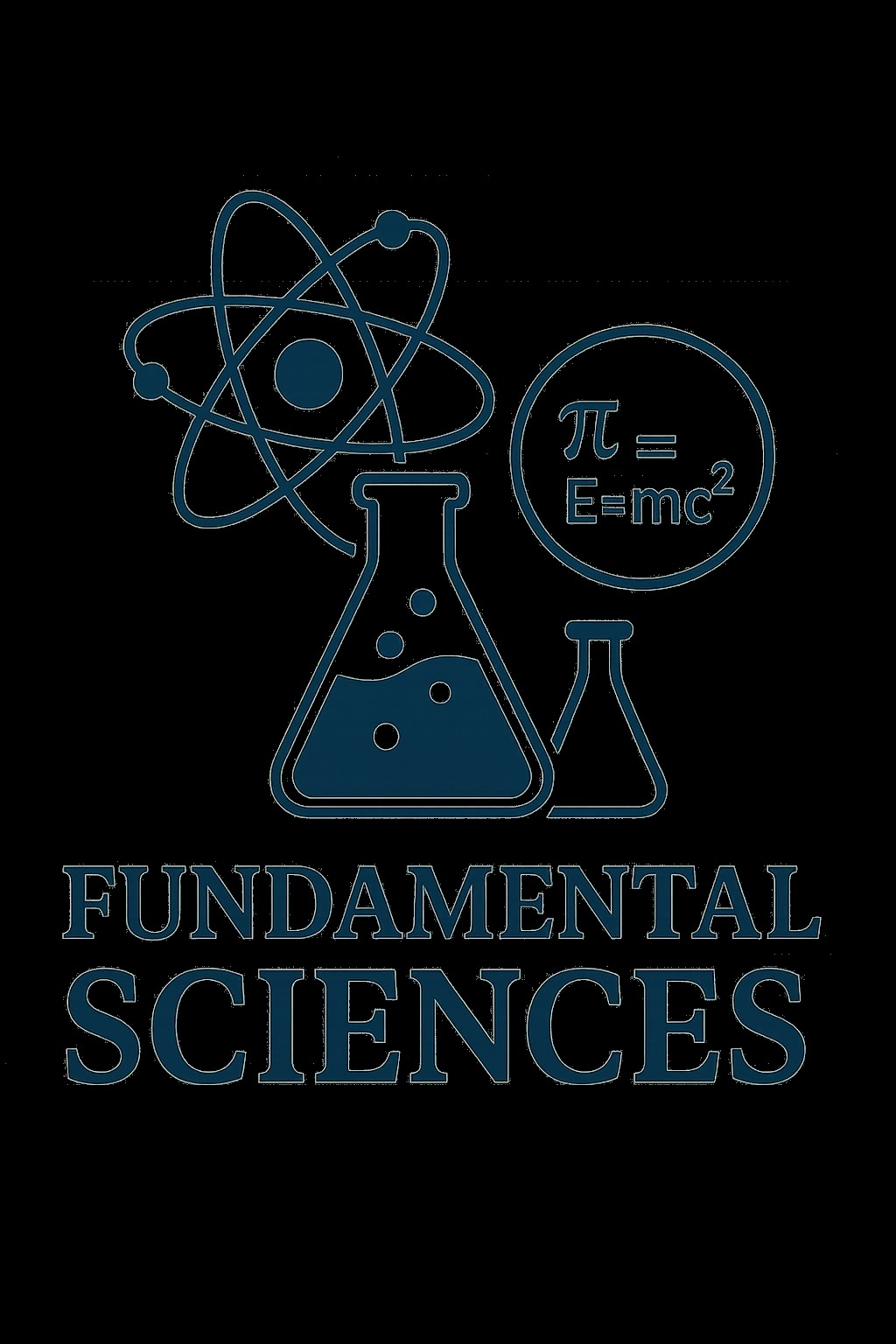 The image shows key elements of the fundamental sciences, highlighting atoms, chemical formulas, and mathematical equations.